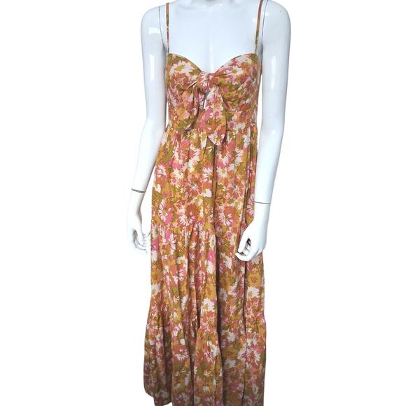 House of Harlow Linen Womens size S Bow Tie Tiered Earthy Floral Boho Maxi Dress - Picture 2 of 13